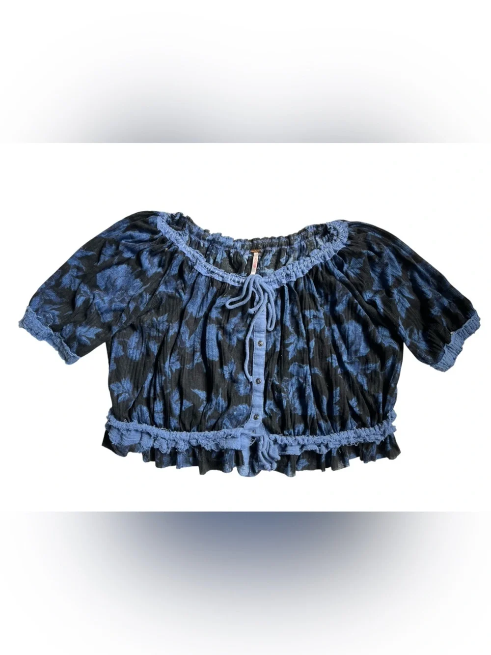 Free People perfect day Blue and Black Floral Smocked Crop Blouse